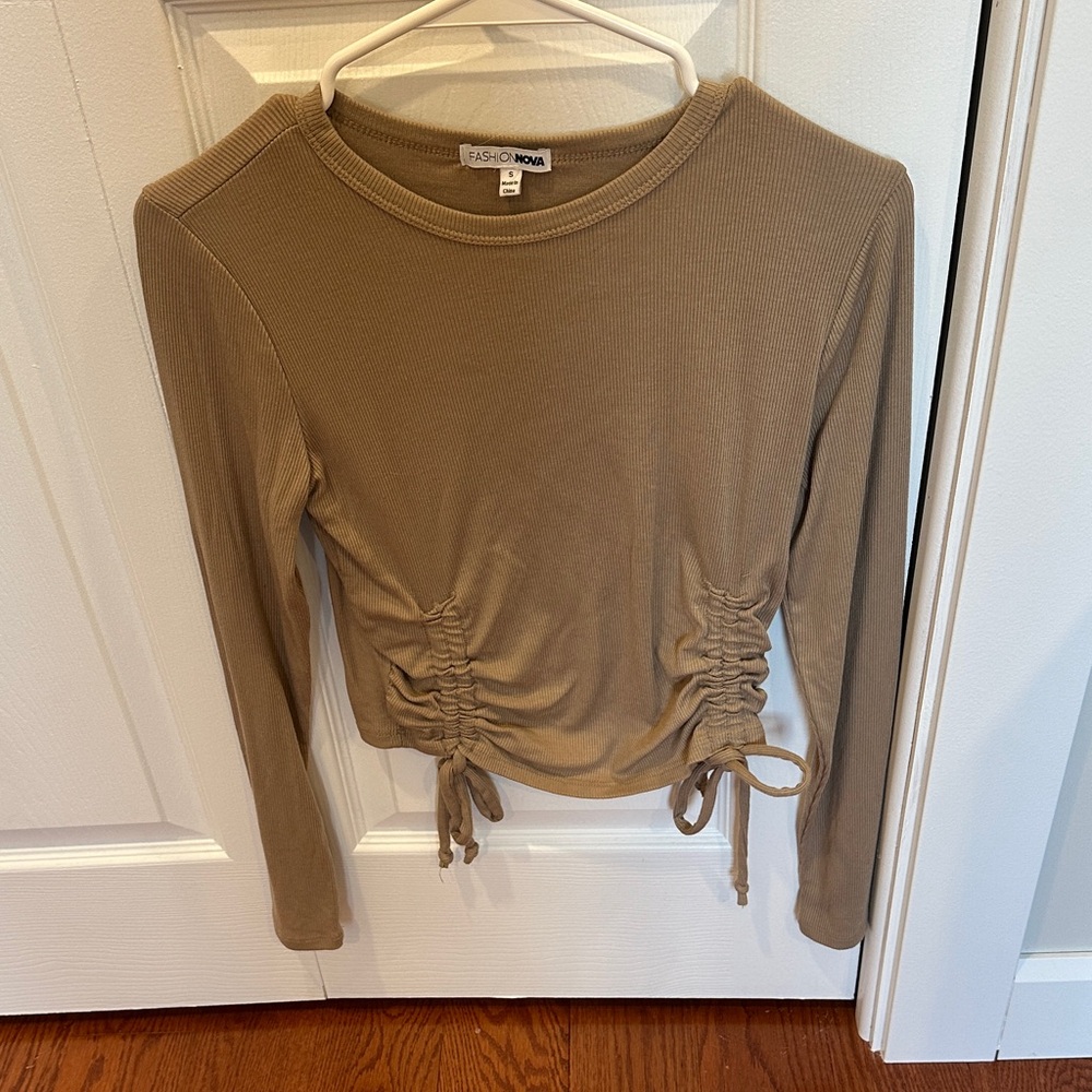 Fashion Nova Camel Long Sleeve Ruched Top